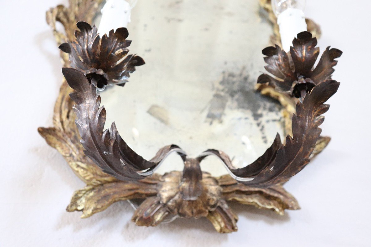 Applique legno intagliato e dorato con specchio, anni '20, set di 2-photo-7