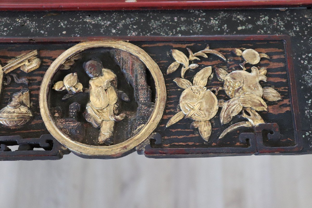Pannello da parete antico in legno intagliato e laccato, Cina, metà XIX secolo-photo-3