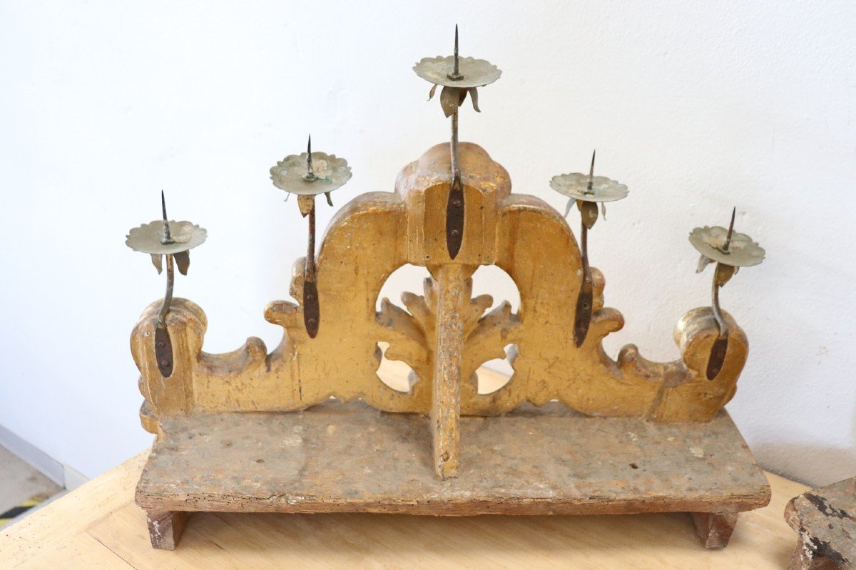 Candelieri antichi in legno intagliato e dorato, fine XVIII secolo, set di 2-photo-5