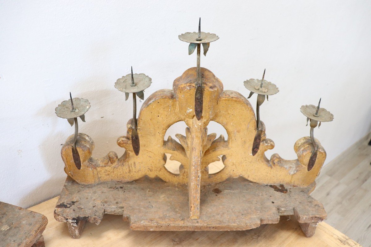 Candelieri antichi in legno intagliato e dorato, fine XVIII secolo, set di 2-photo-6