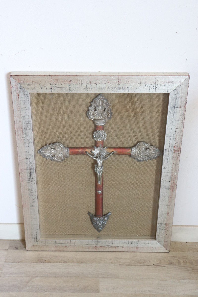Croce antica in legno di Gesù Cristo in argento, fine XIX secolo-photo-2
