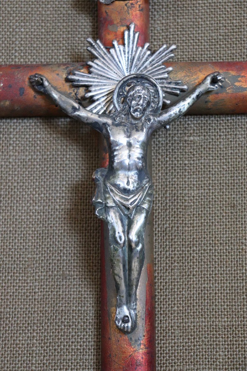 Croce antica in legno di Gesù Cristo in argento, fine XIX secolo-photo-3