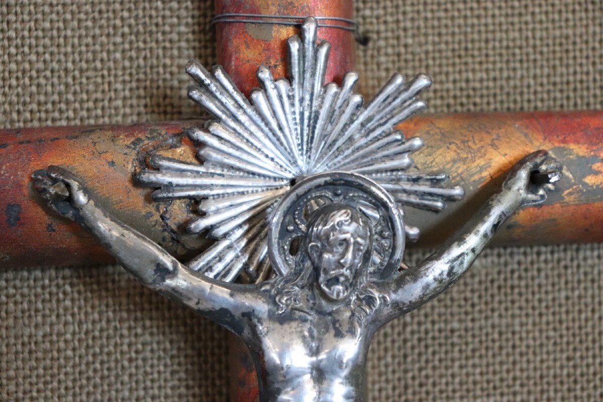 Croce antica in legno di Gesù Cristo in argento, fine XIX secolo-photo-5