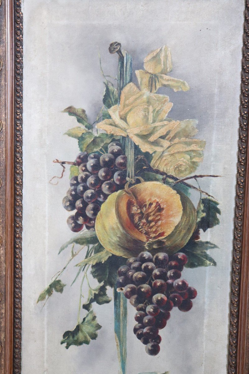 Composizione Art Nouveau con fiori e frutta, olio su tela, set di 2-photo-3