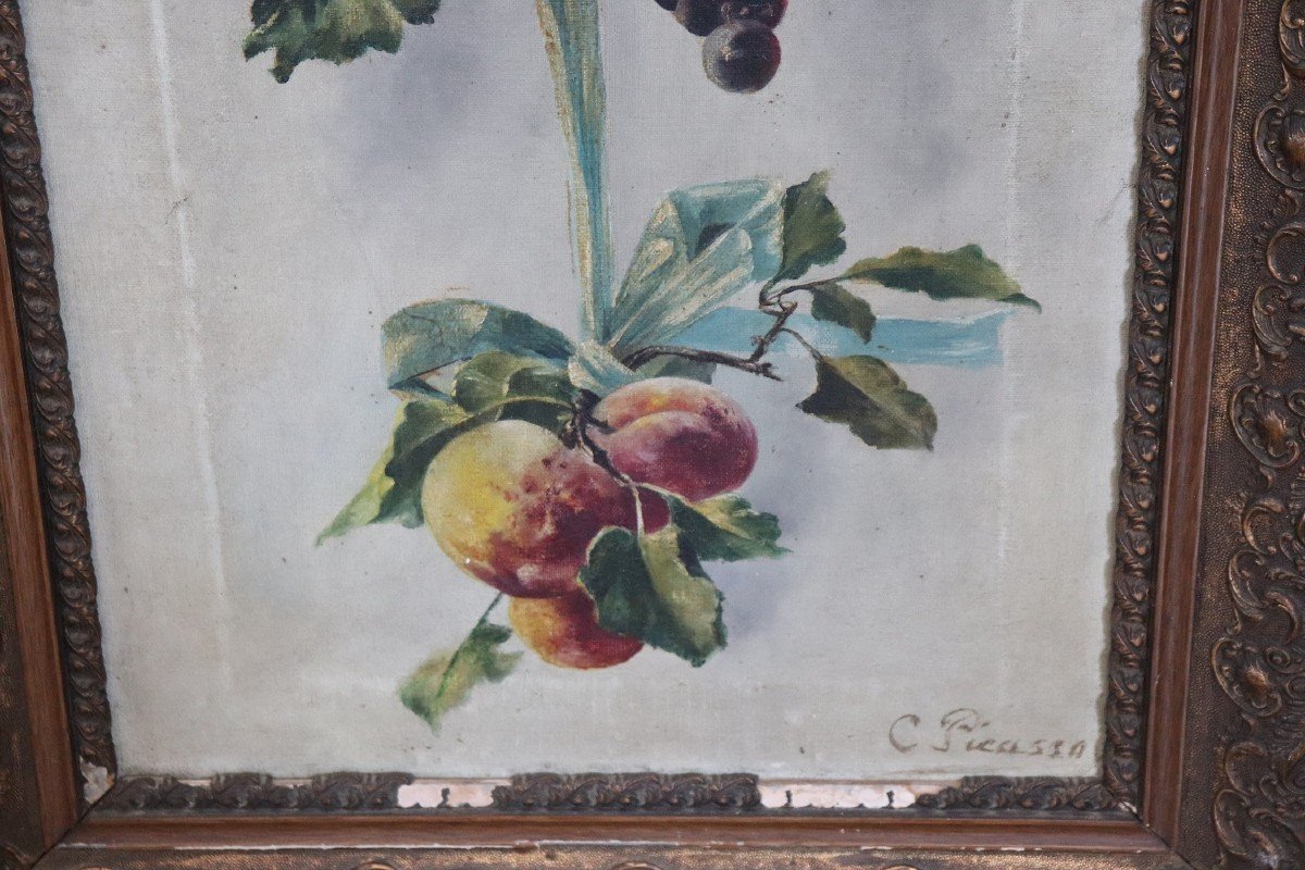Composizione Art Nouveau con fiori e frutta, olio su tela, set di 2-photo-4