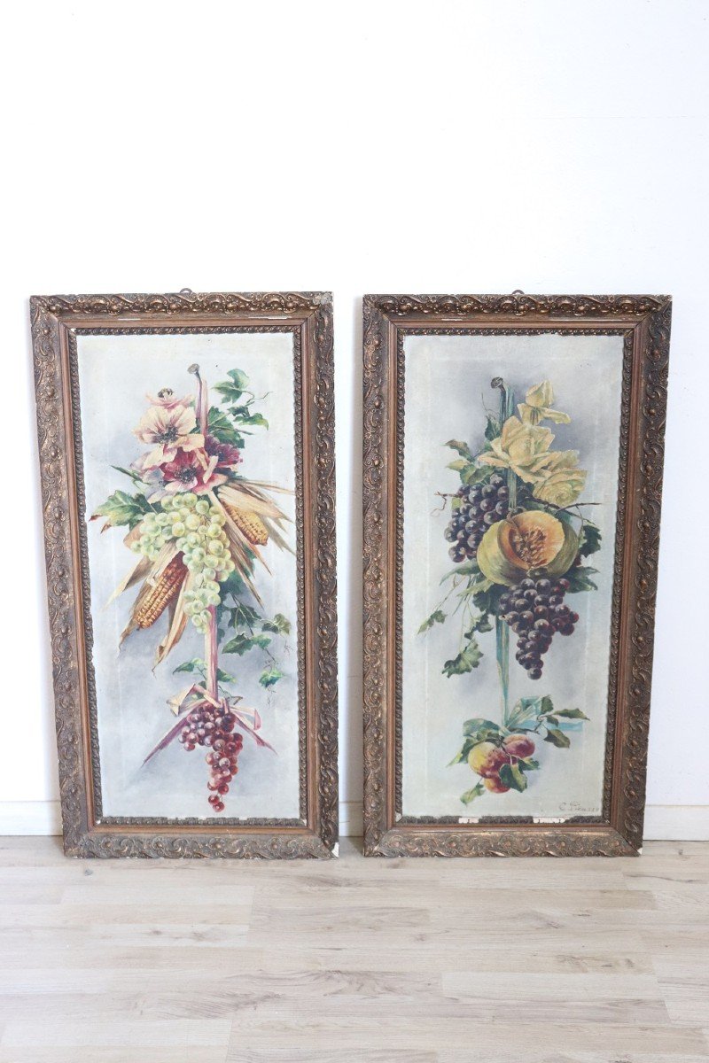 Composizione Art Nouveau con fiori e frutta, olio su tela, set di 2-photo-1