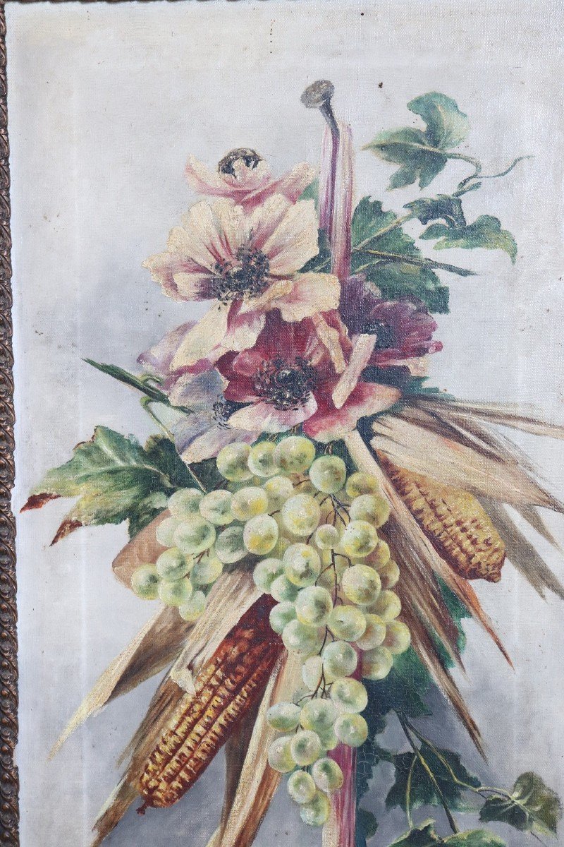 Composizione Art Nouveau con fiori e frutta, olio su tela, set di 2-photo-2