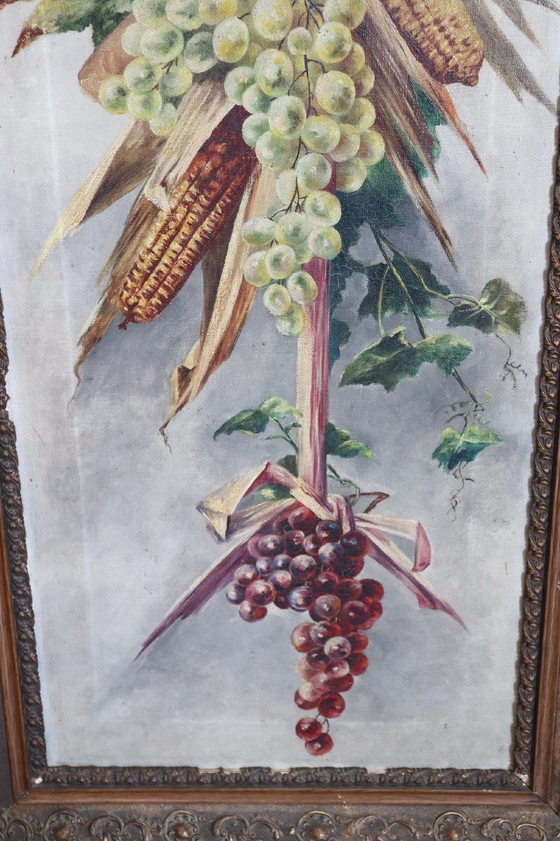 Composizione Art Nouveau con fiori e frutta, olio su tela, set di 2-photo-3