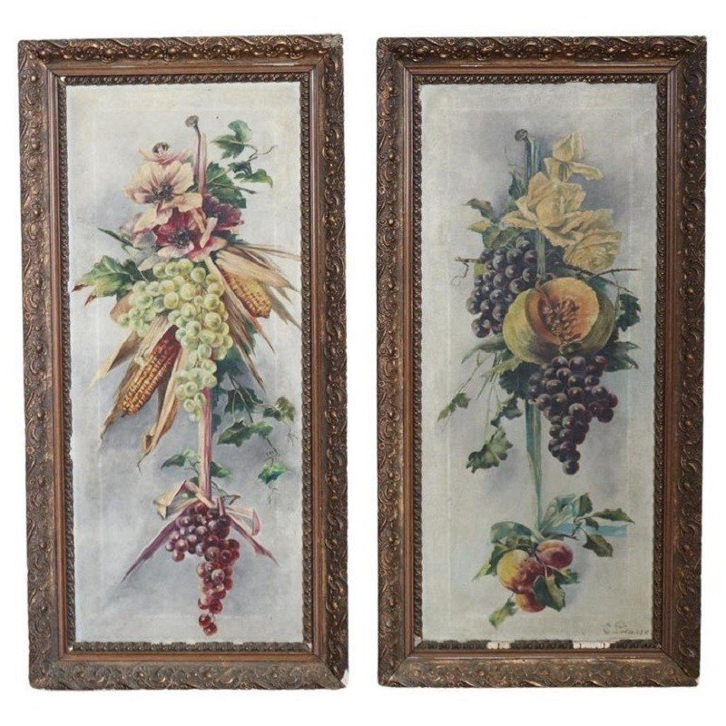 Composizione Art Nouveau con fiori e frutta, olio su tela, set di 2