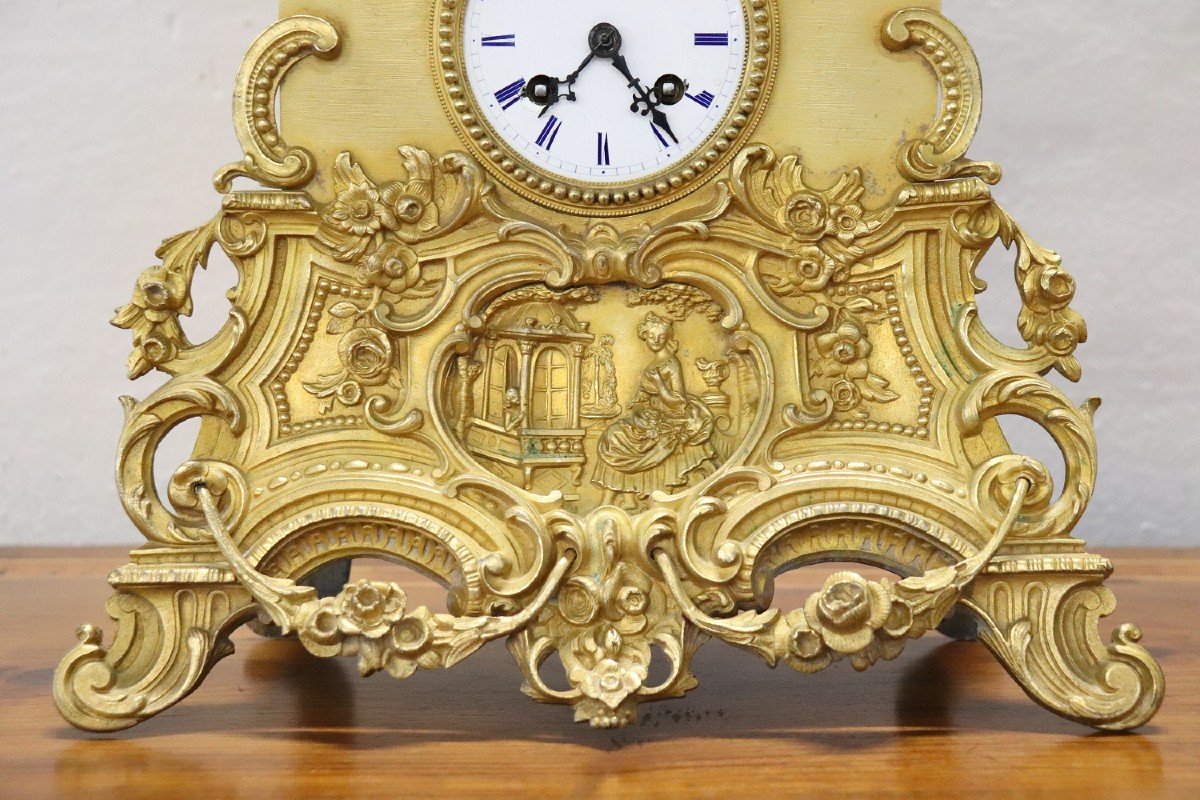 Orologio da tavolo antico in bronzo dorato, XIX secolo-photo-2