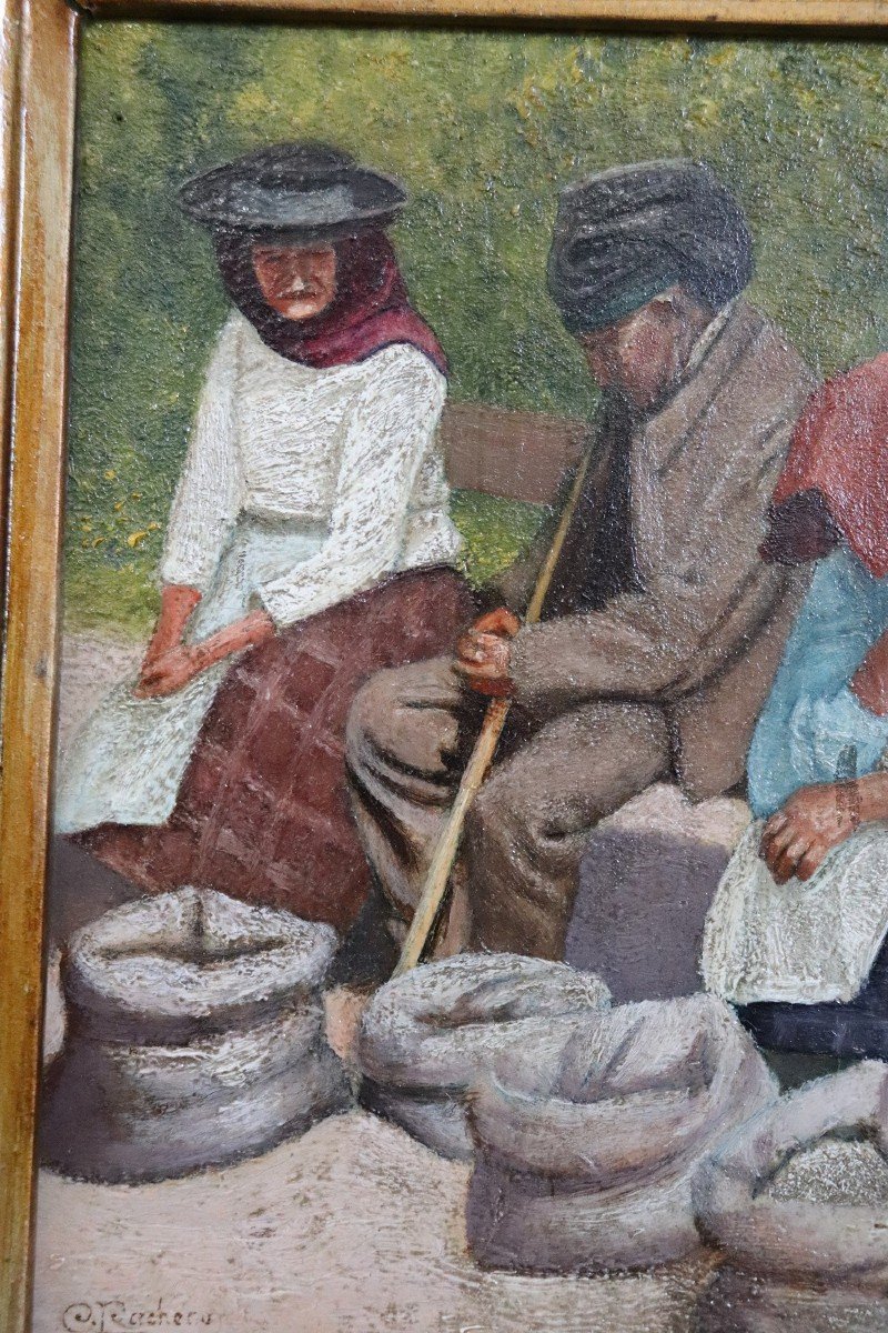 Dipinto scena contadina, inizio XX secolo, olio su tavola-photo-4