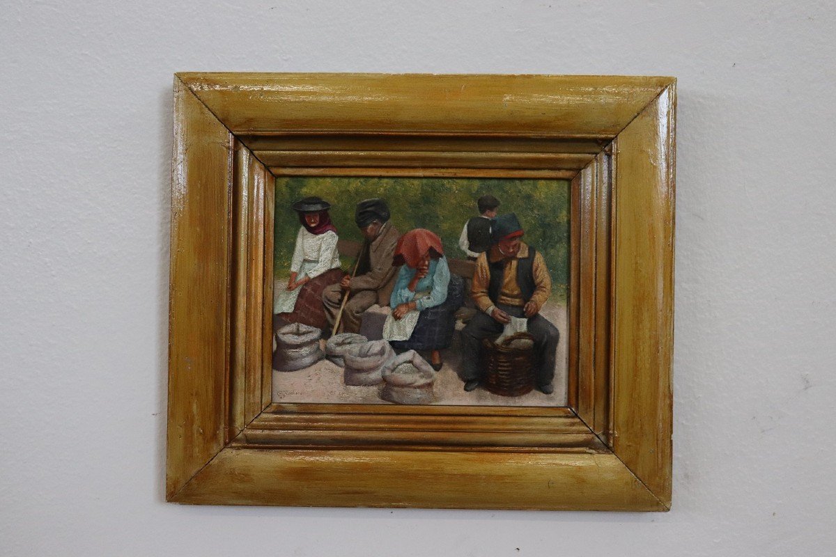 Dipinto scena contadina, inizio XX secolo, olio su tavola-photo-1