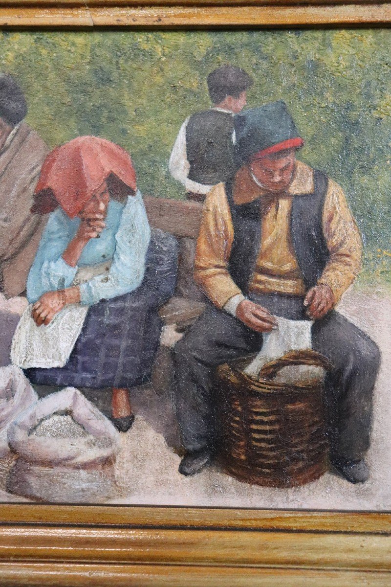 Dipinto scena contadina, inizio XX secolo, olio su tavola-photo-2