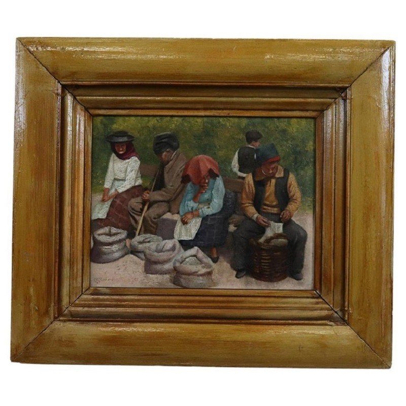 Dipinto scena contadina, inizio XX secolo, olio su tavola