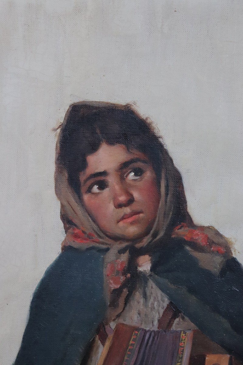 Ritratto di bambina con fisarmonica, olio su tela-photo-1