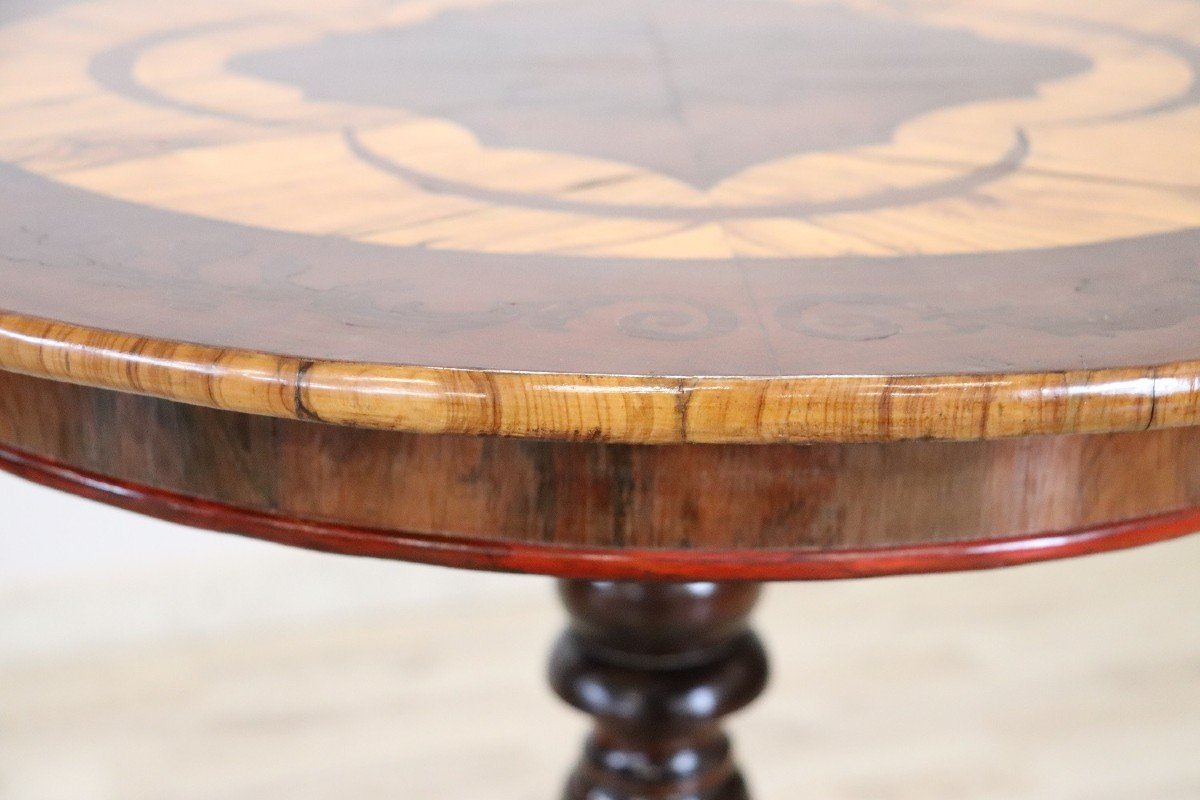 Tavolo rotondo antico intarsiato, metà XIX secolo-photo-3