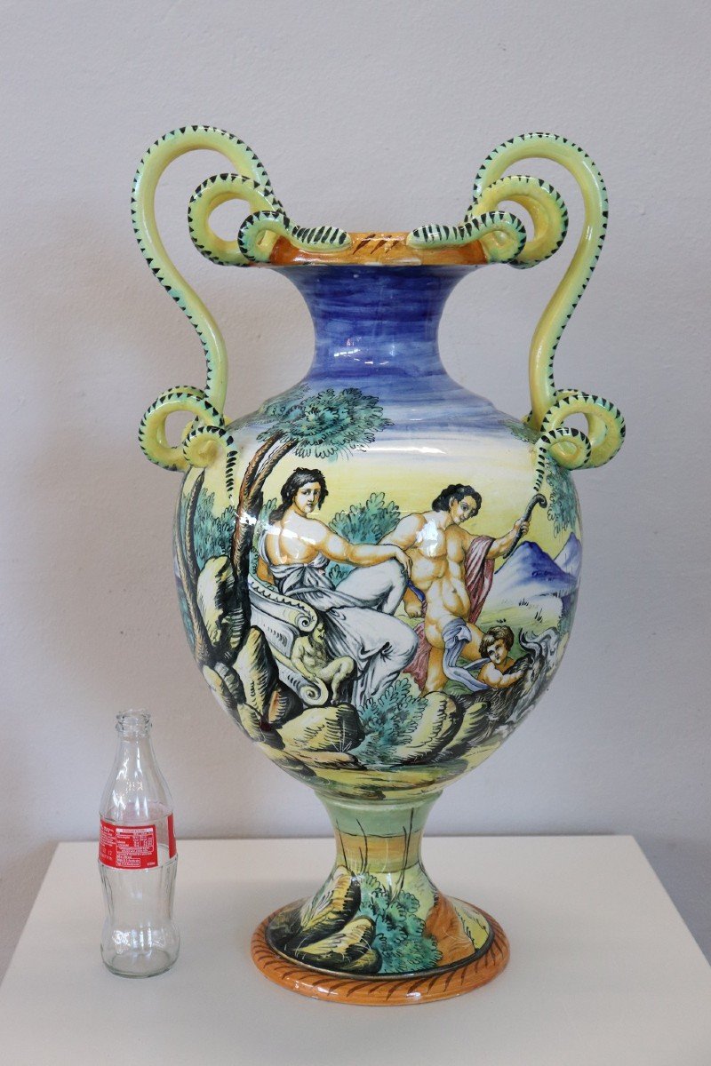 Vaso grande antico in maiolica dipinta a mano secolo XIX-photo-2