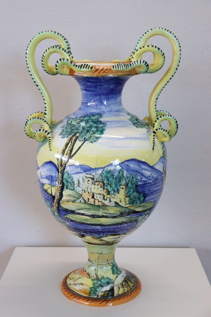 Vaso grande antico in maiolica dipinta a mano secolo XIX-photo-3