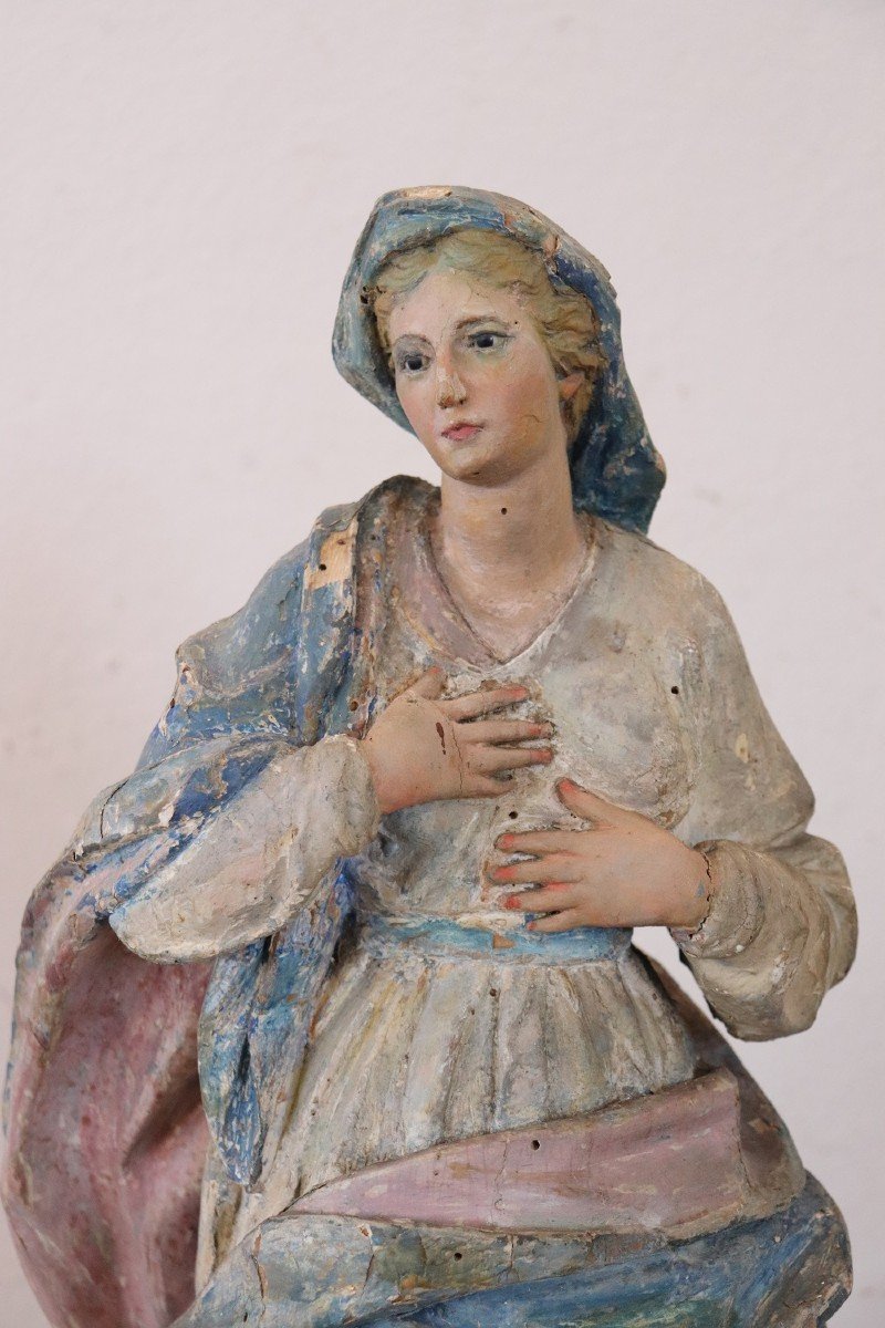 Scultura antica della Madonna in legno intagliato a mano, metà XIX secolo-photo-2