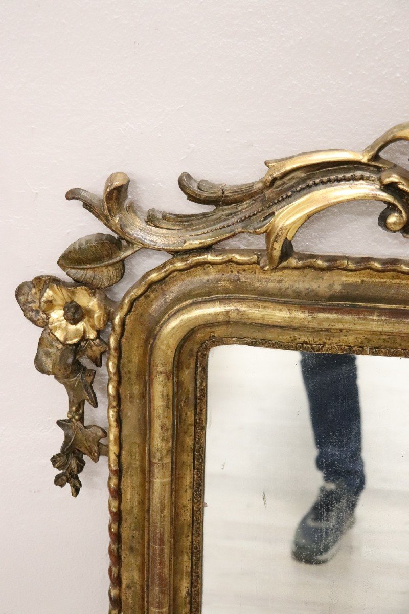 Specchio da parete antico in legno intagliato e dorato, metà XIX secolo-photo-2