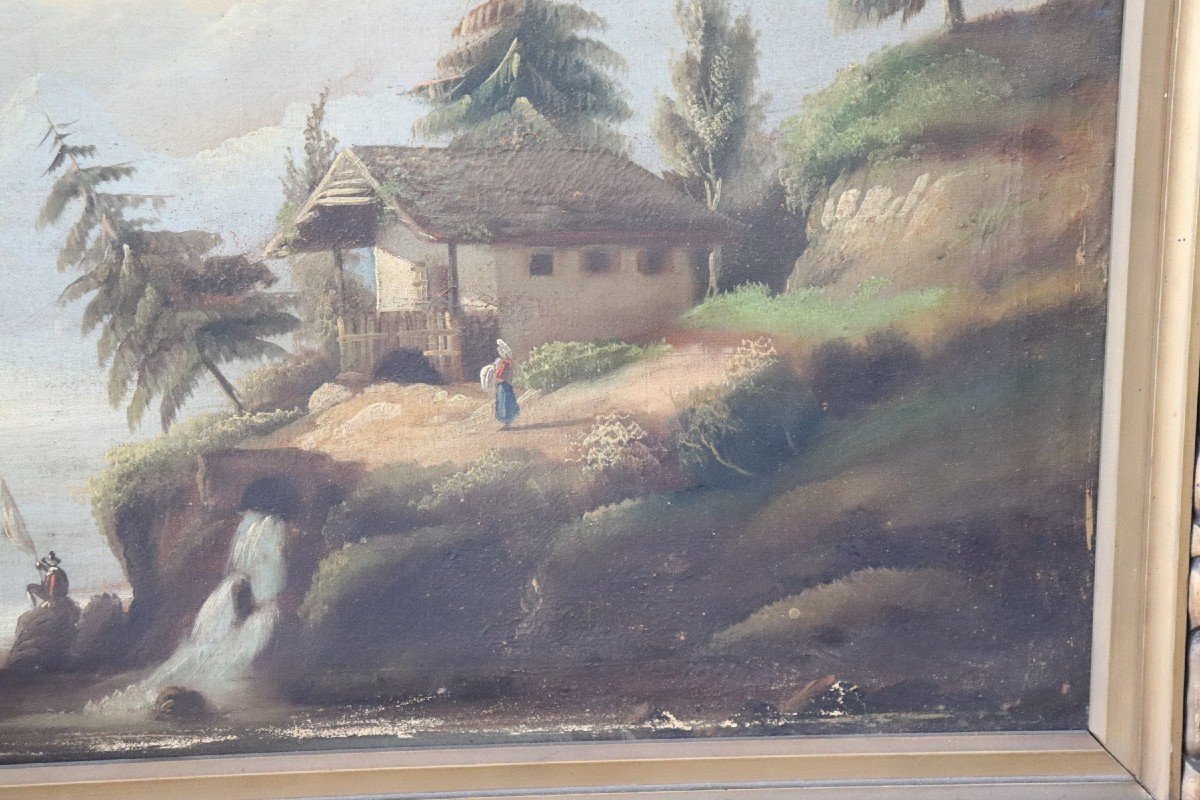 Dipinto antico ad olio su tela raffigurante paesaggio lacustre-photo-2