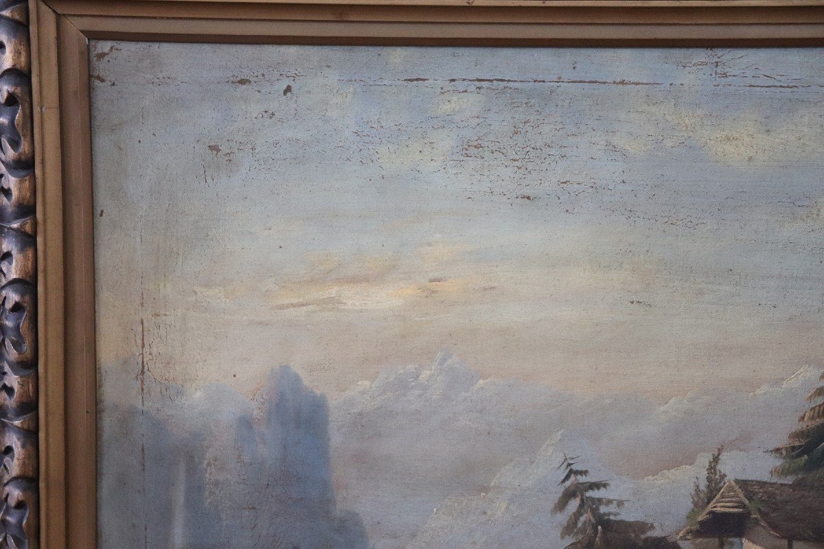 Dipinto antico ad olio su tela raffigurante paesaggio lacustre-photo-4