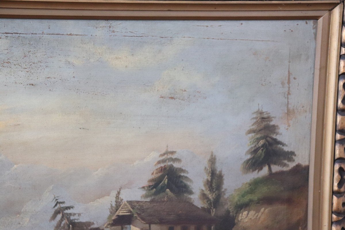 Dipinto antico ad olio su tela raffigurante paesaggio lacustre-photo-1