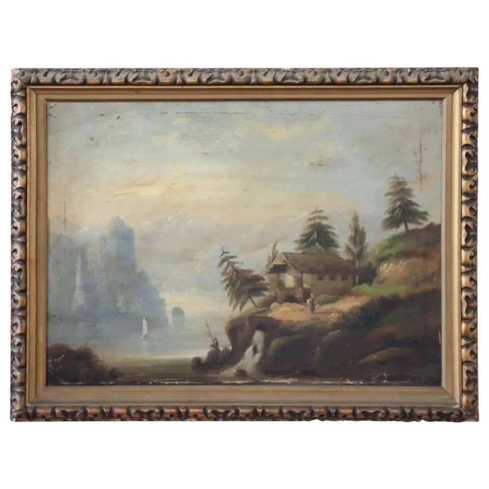 Dipinto antico ad olio su tela raffigurante paesaggio lacustre