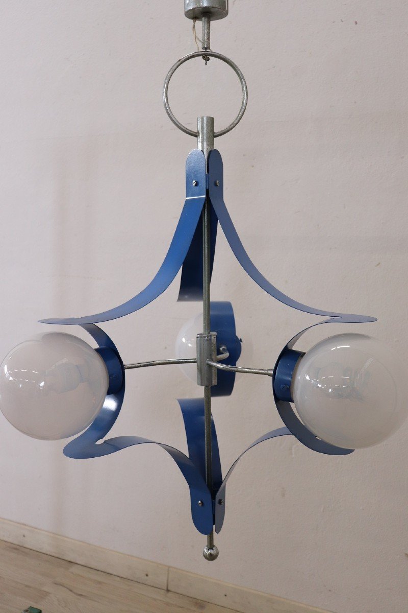 Lampadario vintage in vetro e metallo laccato blu di Stilnovo, anni '50-photo-3