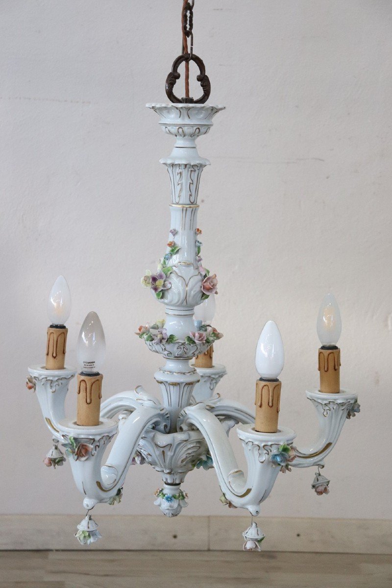 Lampadario in porcellana con decorazione floreale di Capodimonte, anni '50-photo-3