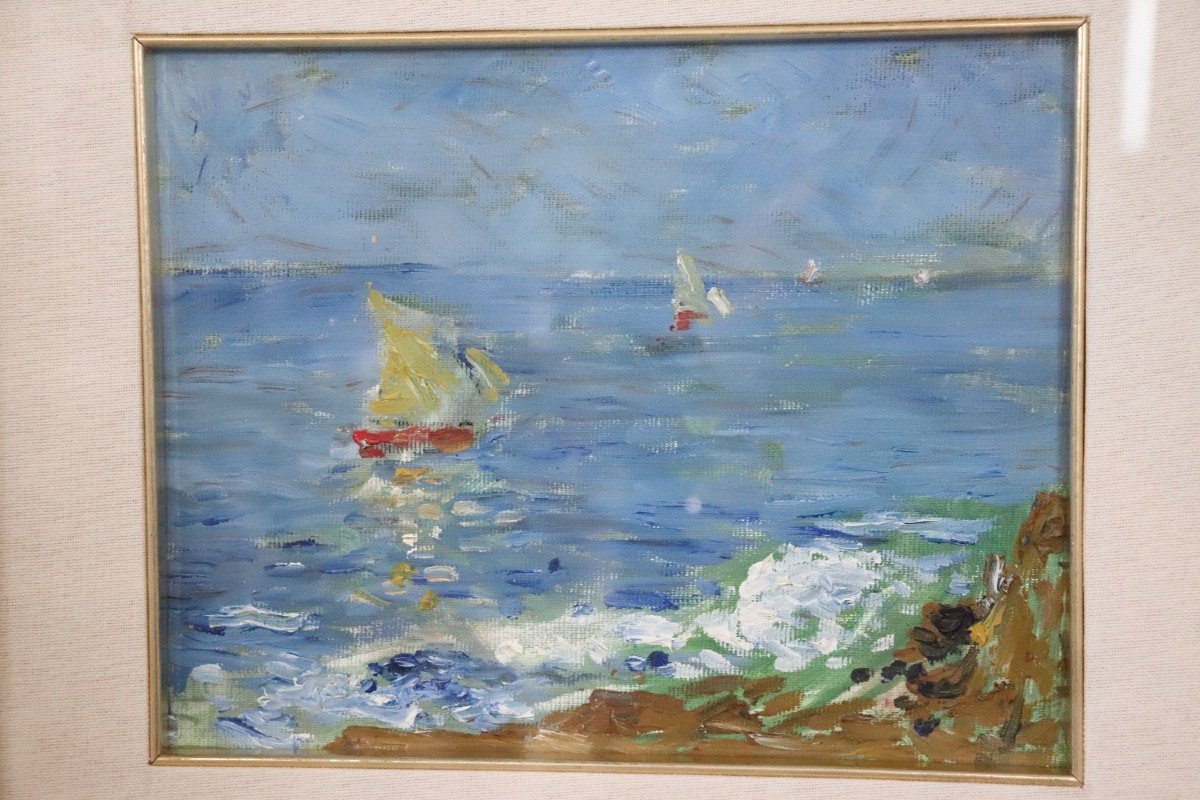 Amedeo Merello, Paesaggio marino, anni '60, Olio su tela-photo-2