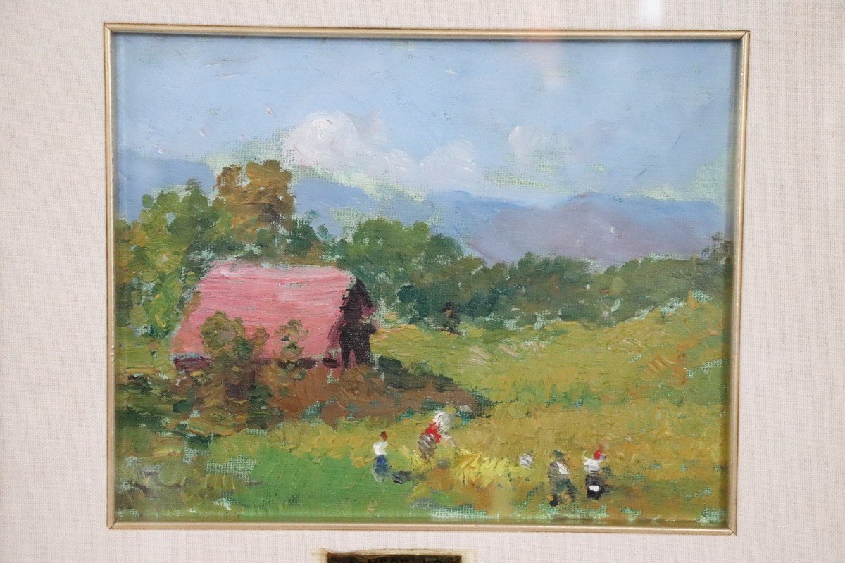 Amedeo Merello, Paesaggio di campagna con contadini, anni '60, Olio su tela-photo-2