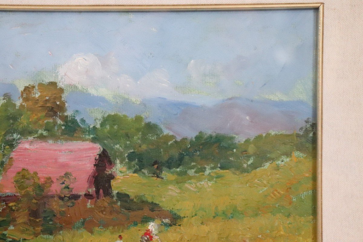 Amedeo Merello, Paesaggio di campagna con contadini, anni '60, Olio su tela-photo-4