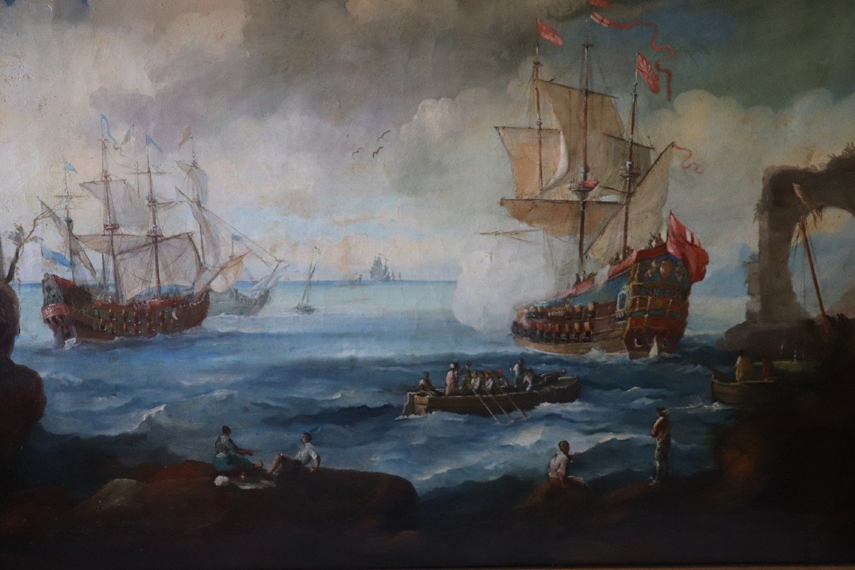 Scena costiera con galeoni, XVIII secolo, Olio su tela-photo-3
