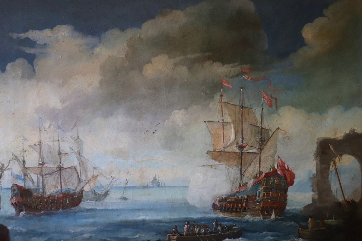 Scena costiera con galeoni, XVIII secolo, Olio su tela-photo-4