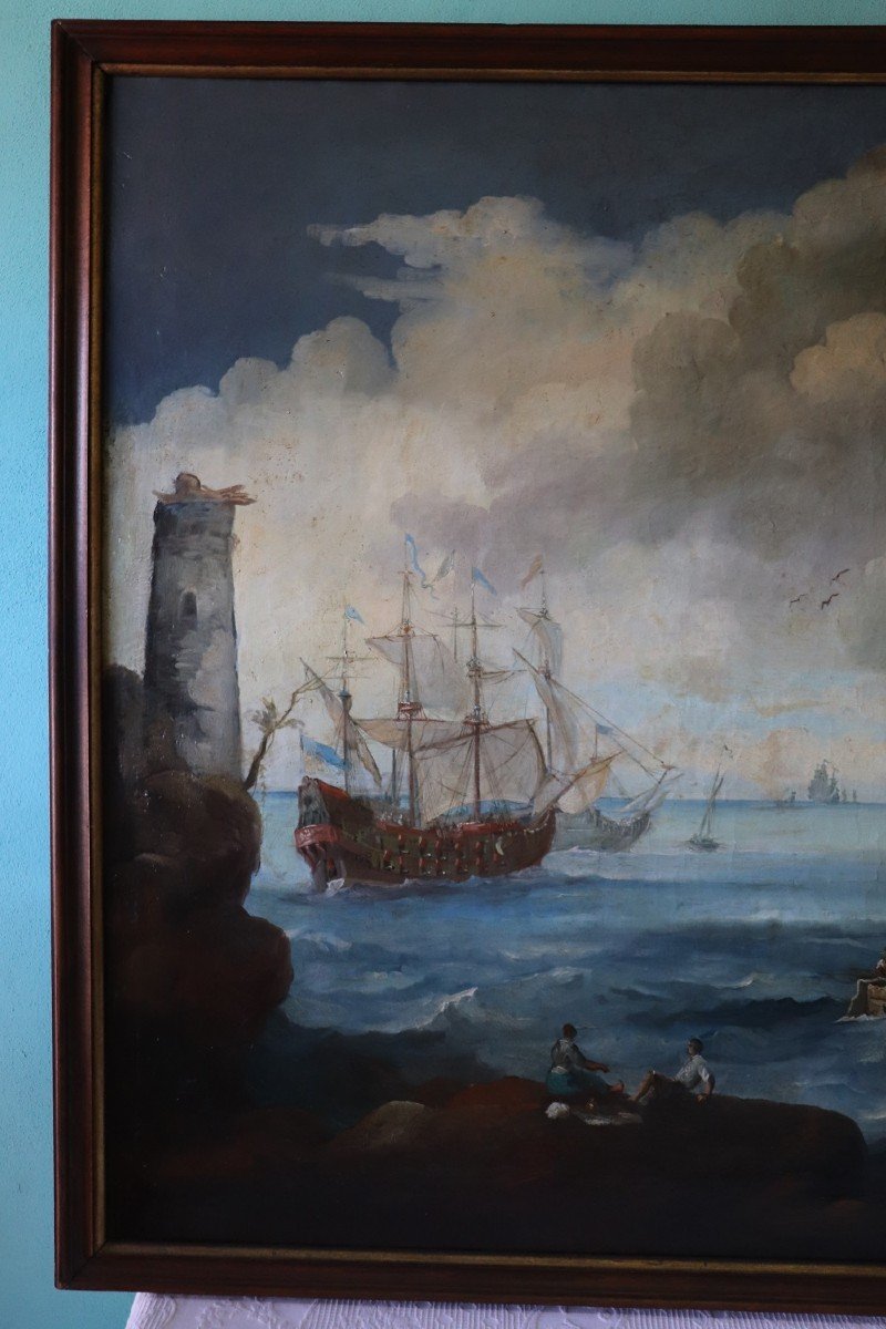 Scena costiera con galeoni, XVIII secolo, Olio su tela-photo-1