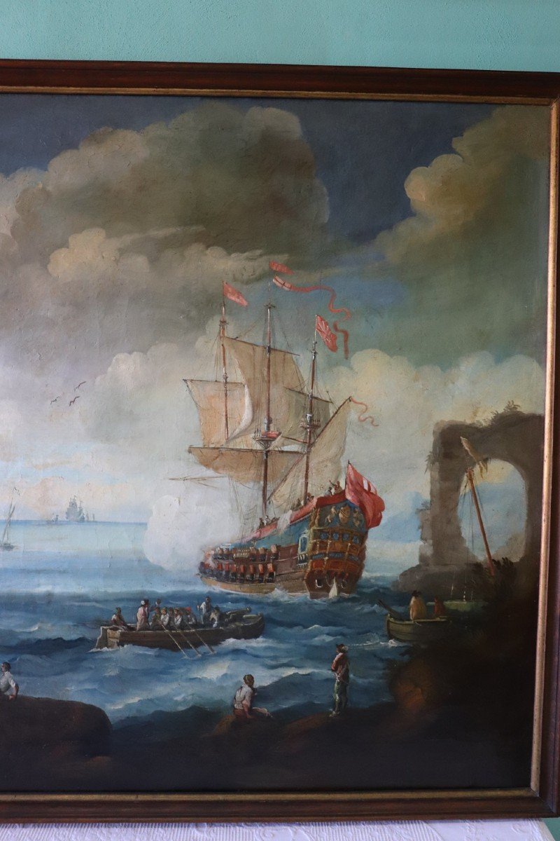 Scena costiera con galeoni, XVIII secolo, Olio su tela-photo-2