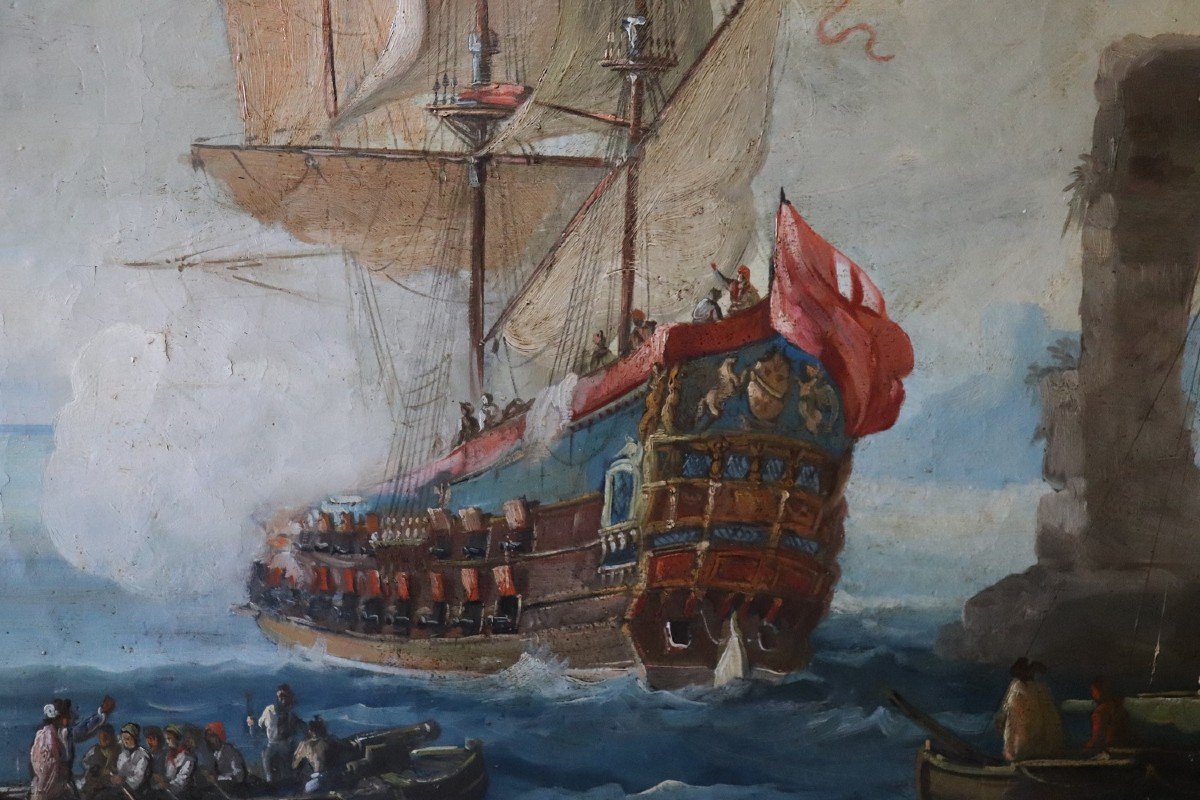 Scena costiera con galeoni, XVIII secolo, Olio su tela-photo-3