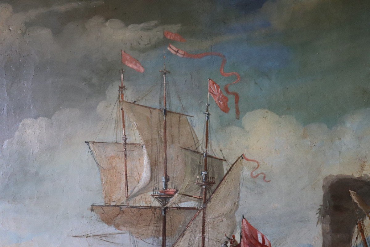 Scena costiera con galeoni, XVIII secolo, Olio su tela-photo-4