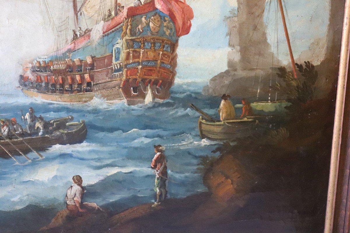 Scena costiera con galeoni, XVIII secolo, Olio su tela-photo-5