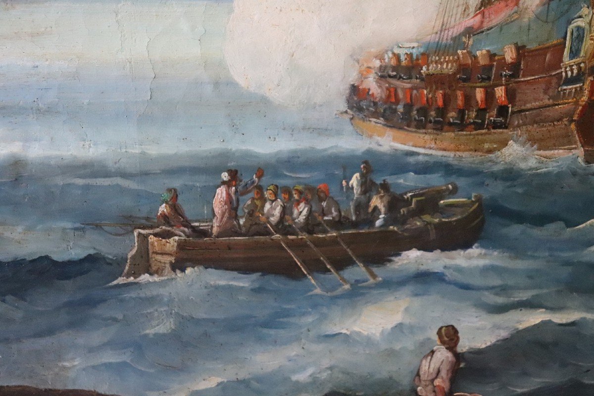 Scena costiera con galeoni, XVIII secolo, Olio su tela-photo-6