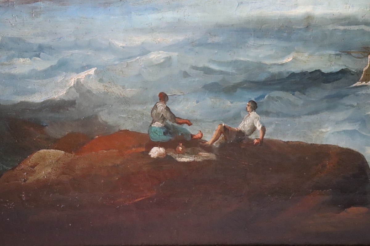 Scena costiera con galeoni, XVIII secolo, Olio su tela-photo-7