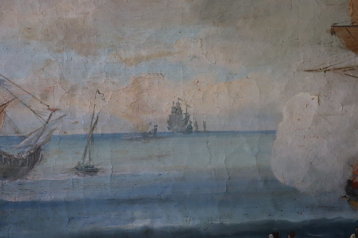 Scena costiera con galeoni, XVIII secolo, Olio su tela-photo-8