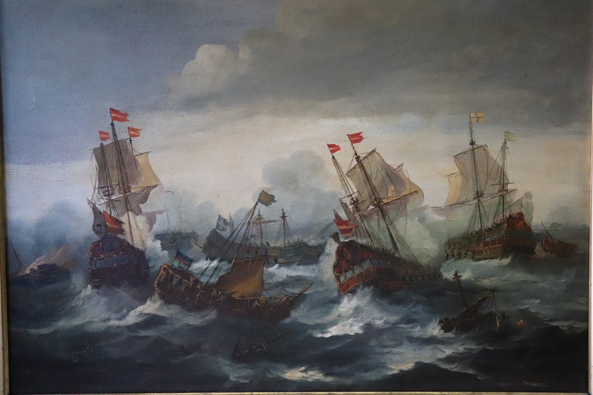 Battaglia tra galeoni, XIX secolo, olio su tela-photo-2