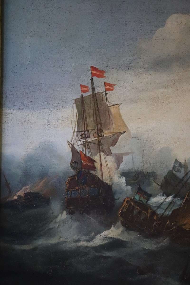 Battaglia tra galeoni, XIX secolo, olio su tela-photo-3