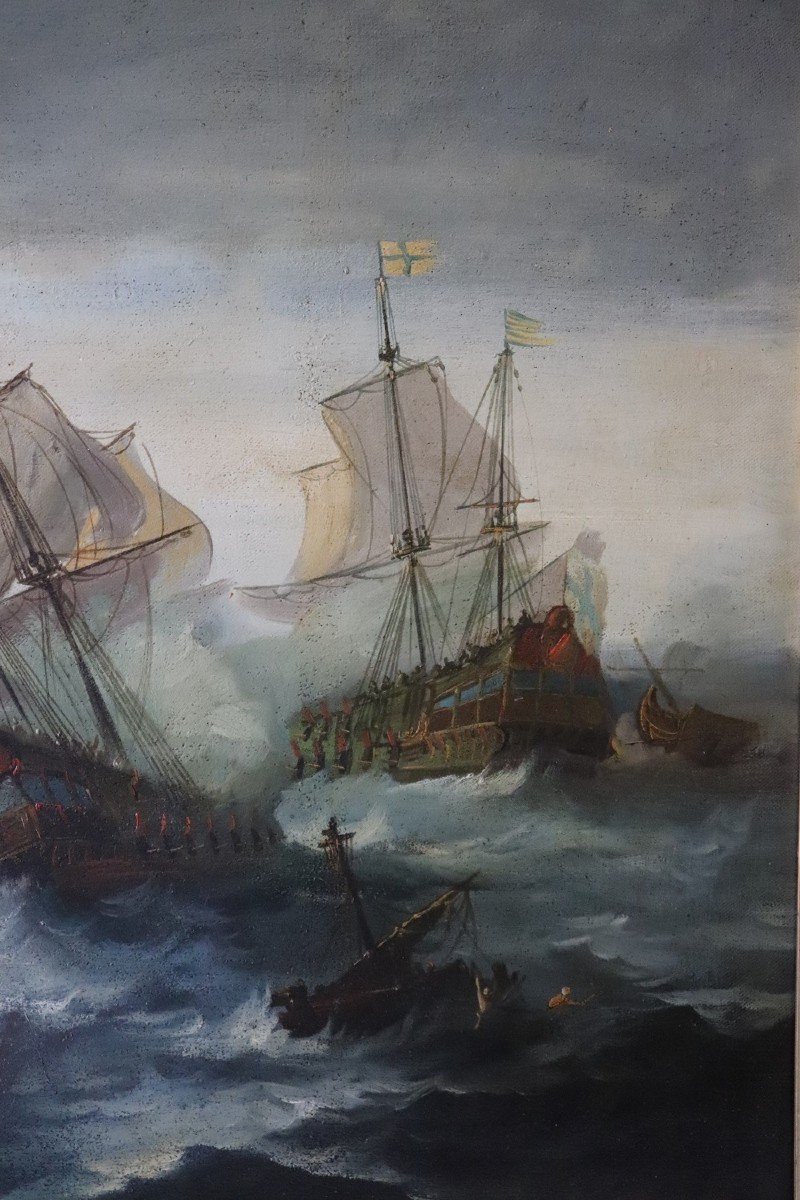 Battaglia tra galeoni, XIX secolo, olio su tela-photo-4