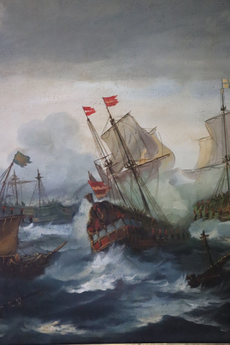Battaglia tra galeoni, XIX secolo, olio su tela-photo-1