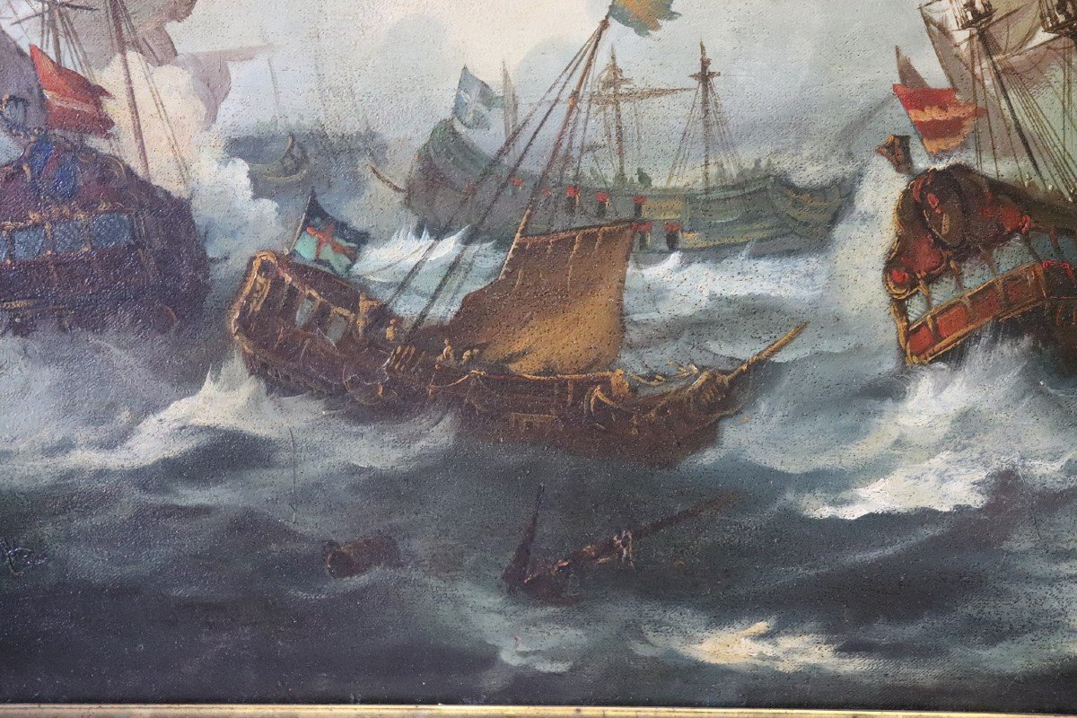 Battaglia tra galeoni, XIX secolo, olio su tela-photo-2