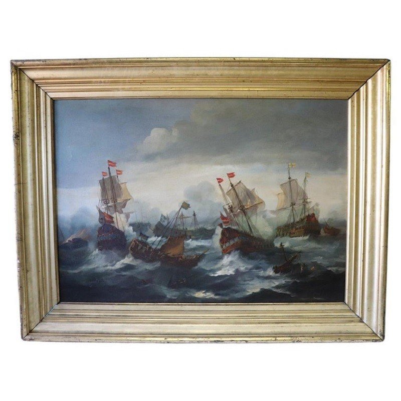 Battaglia tra galeoni, XIX secolo, olio su tela