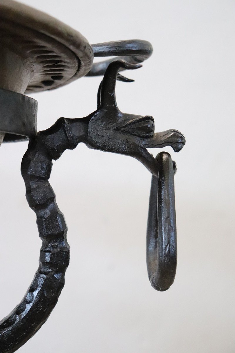 Braciere in rame, XVI secolo con piedistallo in ferro battuto-photo-5